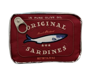 Detail of embroidered sardine tin pouch featuring vintage olive oil lettering and red fabric