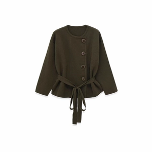 Cardigan En Tricot Pour Femmes Col Rond Boutonné Manteau Court Avec Ceinture Couleur Unie Haut Élégant