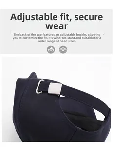 Detail of navy blue baseball cap with adjustable metal slide buckle for custom fit