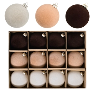 Lot de 15 boules de Noël en velours floqué blanc beige et marron avec crochets métal