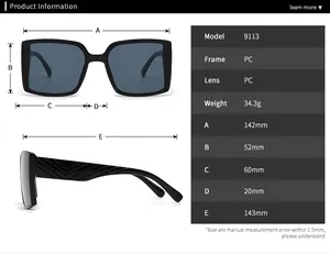 Detailed technical size chart showing frame and lens dimensions for model 9113 sunglasses