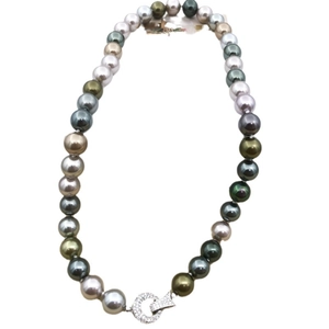 Multicolor Tahitian style pearl necklace with a sparkling pavé diamond clasp on white back