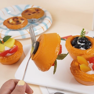 Realistic PU egg tart fridge magnet set with assorted fruit toppings and magnetic fork