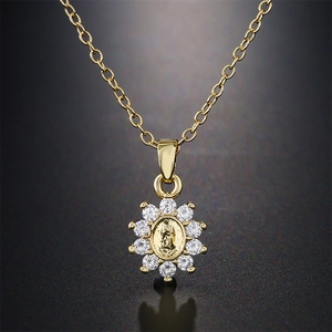 Virgin Mary Guadalupe Religious Pendant Necklace Copper Micro Inlaid White Cubic Zirconia Sunburst Flower Jewelry Women