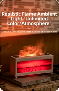 Macro view of realistic flame humidifier misting on a book in warm indoor lighting