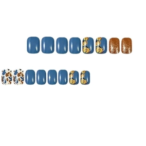 Press-on nail set featuring dark blue, copper glitter, and floral pumpkin leaf designs