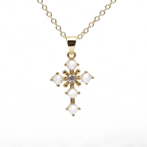 Golden cross necklace with white pearls and zircon heart on elegant O-link chain