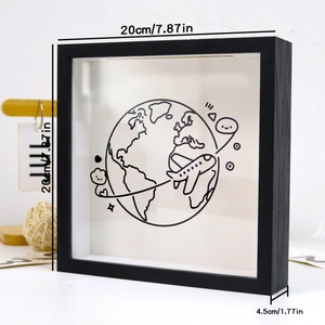 Detail view of 20x20cm black wood shadow box with map icons for travel tickets