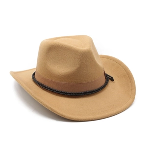 Detail of khaki western felt cowboy hat featuring layered brown and black decorative band