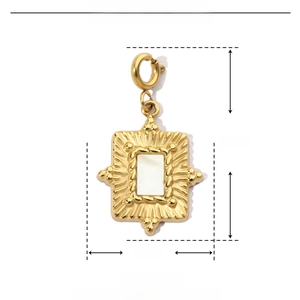 Detailed view of square gold shell pendant dimensions 25mm by 14mm in stainless steel
