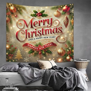 Detail of Christmas tapestry with gold baubles and pine needles over a cozy bedroom bed