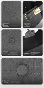 Detailed views of dark grey cotton baseball cap showing stitching, buckle, and vent holes