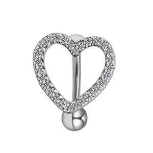 Close-up of a silver heart-shaped belly button ring with sparkling crystal stones