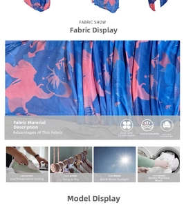 Detailed view of breathable blue floral chiffon fabric with washing care instructions