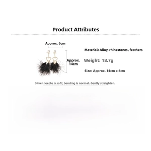 Detail view of heart-shaped earrings with rhinestones, black feathers and alloy bow