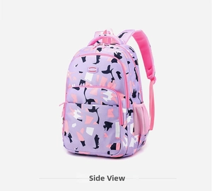 Side view of purple student backpack with colorful geometric prints and dual compartments