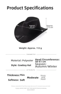 Detailed size chart for black polyester jazz hat with brim width and height dimensions