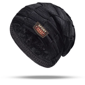 Men's winter knit beanie with fleece lining and leather sport patch in dark grey