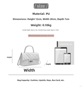 Quilted white crossbody bag dimensions and capacity details shown with size comparisons