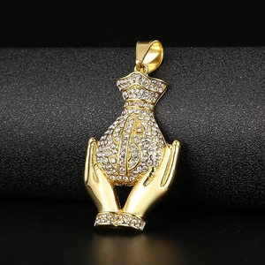 Hip hop gold money bag pendant with diamonds and dollar sign on a heavy necklace
