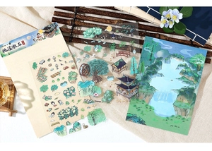 Détail de stickers PET de paysage chinois ancien avec des scènes de cascades et pagodes