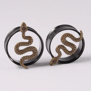 Pair of punk style black stainless steel ear gauges with bronze snake relief design