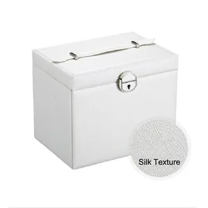 White faux leather jewelry box with silk texture, large capacity, and metal lock