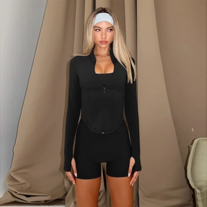 Women's black long sleeve zip-up top and sexy peach butt fitness shorts yoga set
