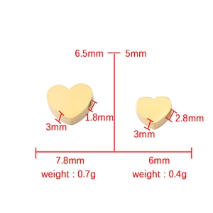 Perles en forme de cœur en acier inoxydable pour bijoux DIY avec dimensions et poids