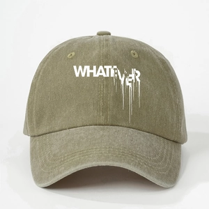 Adjustable olive green washed cotton baseball cap with melting WHATEVER print text