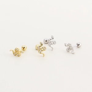 Chic snake-shaped S925 silver stud earrings with sparkling crystals in gold and silver
