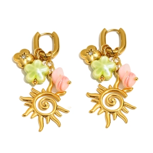 Vintage 18K gold plated stainless steel sun tassel flower dangle earrings for women