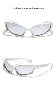 Detail view of silver Y2K sports sunglasses with C3 silver frame and mercury lenses