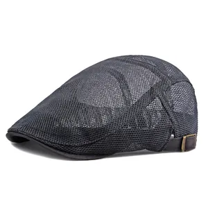 Classic black mesh beret with breathable polyester fabric and adjustable bronze side buckle