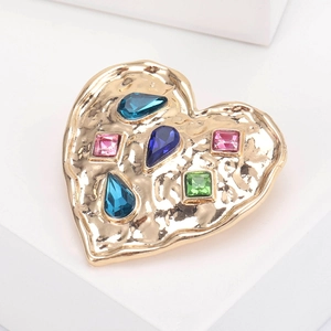 Vintage heart brooch with gold hammer texture and six colorful teardrop crystals