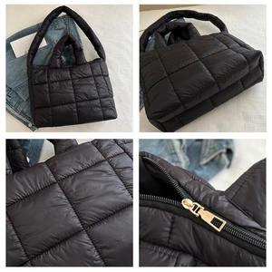 Detailed views of black quilted tote bag showing texture, base, and quality zipper