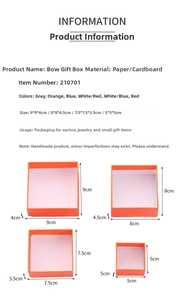 Detailed dimensions of square orange jewelry gift boxes with various size measurements