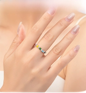 Close-up of a s925 silver beaded ring with colorful charms worn on the finger