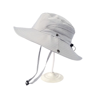 Grey waterproof sun bucket hat with wide brim and breathable mesh for outdoor hiking