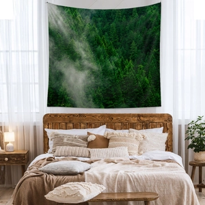 Forest landscape tapestry wall hanging with misty woodland scenery for bedroom decor