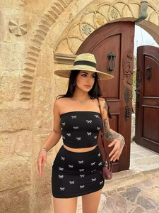 Women Sexy Bow Print Tube Top And Mini Skirt Summer Vacation Hot Girl Style Polyester Elastane Bodycon Clothing