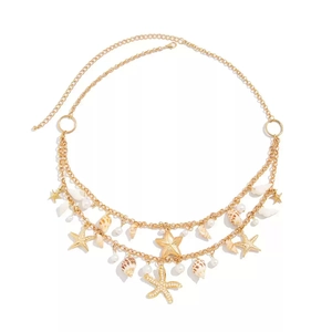 Resort style gold layered starfish shell necklace belt with pearls for women