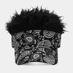 Visor hat with paisley pattern and black synthetic hair wig for parties and outdoor golf