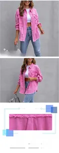 Detailansicht der rosa Jeansjacke mit Destroyed-Effekten und Fransen am Saum