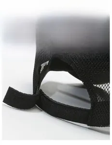 Adjustable Velcro strap detail on black breathable mesh quick-dry baseball cap for men and women