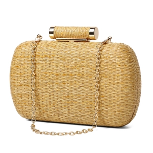 Elegant gold woven straw evening clutch bag with metallic clasp and fine chain strap