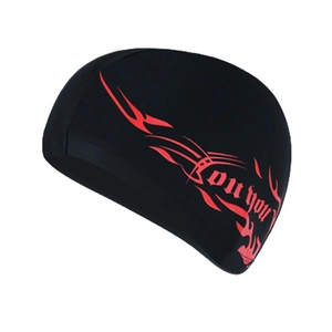 Professional black swim cap with red patterned print and comfortable elastic fabric