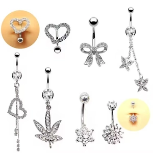 Lot de piercings de nombril argentés avec pendentifs cœur papillon et zircone