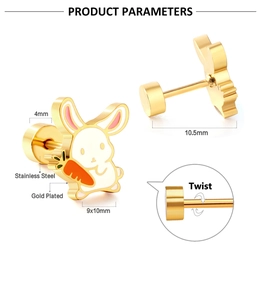 Detail view of gold-plated stainless steel rabbit earrings with carrot and twist back