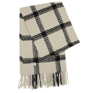 Winter beige plaid scarf with fringe tassels and warm thick fabric for women styling